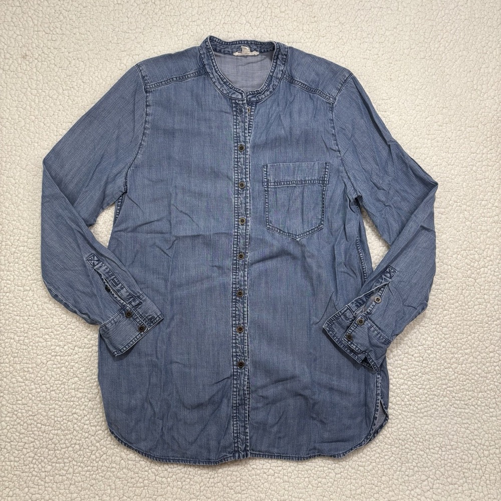 Eileen Fisher Sz Small Blue Tencel Cotton Chambray Tunic Button Shirt Denim Soft